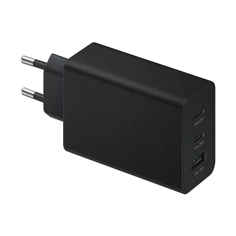 Aplicable a Samsung 65w cargador estándar europeo, cabeza de carga rápida estándar estadounidense, cabeza de carga rápida USB de tres conexiones de cabeza de carga de teléfonos móviles al por mayor