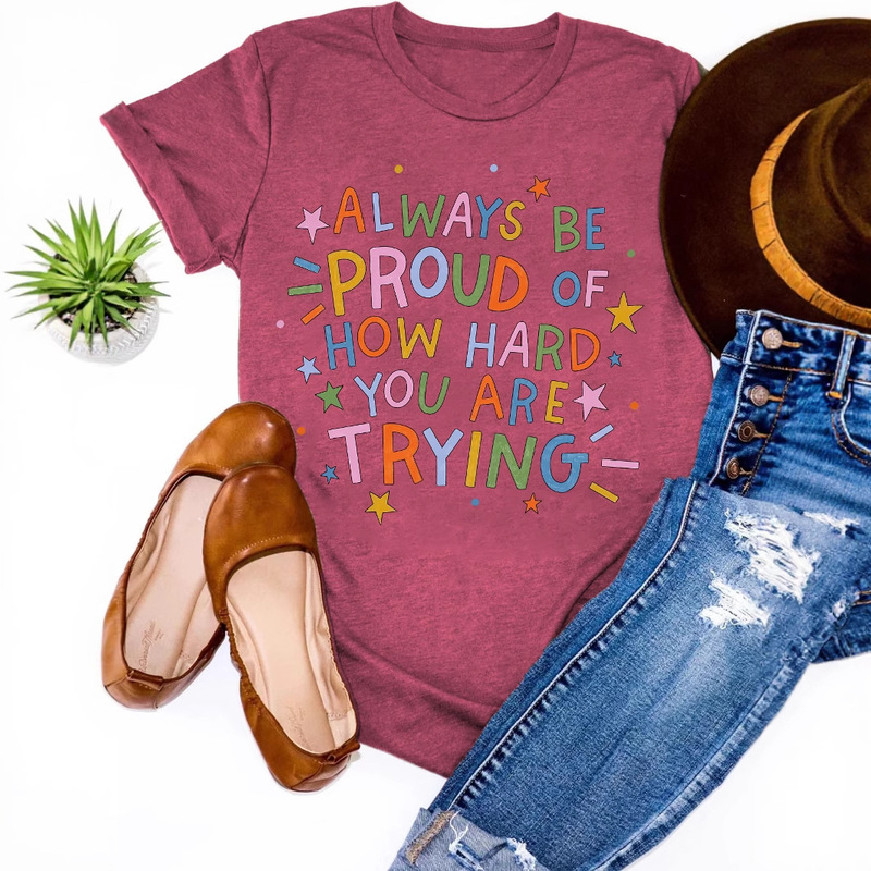 Rayon 20%/Polyester 75%/Spandex 5% Women's Positive Letter Print Fashion Casual Colorful Cotton T-Shirt