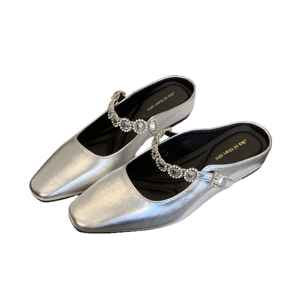 Temperamento plata puntera media pantuflas mujeres que usan primavera y verano noche francesa estilo hada sandalias suela gruesa zapatos Mary Jane