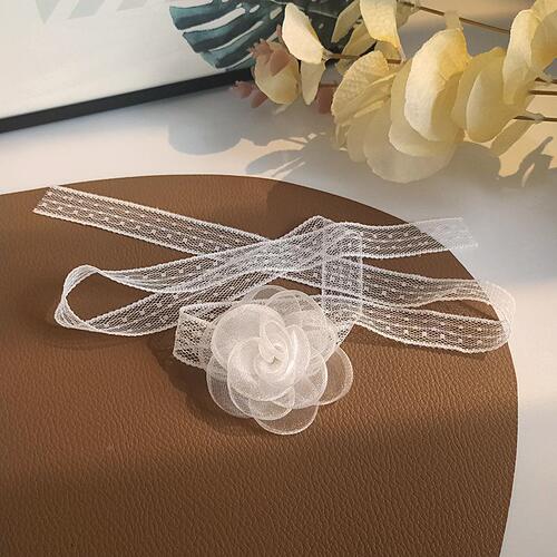 New Style Korean White Lace 3D Camellia Flower Ribbon Hairband, Elegant Choker Necklace, Vintage Hair Accessory
