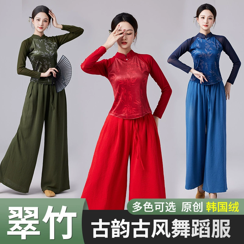 Костюм для классического и этнического танца в китайском стиле, с рукавами из сетки с бамбуковыми листьями, воротником-стойкой, женский, на флисовой подкладке, утолщенный.