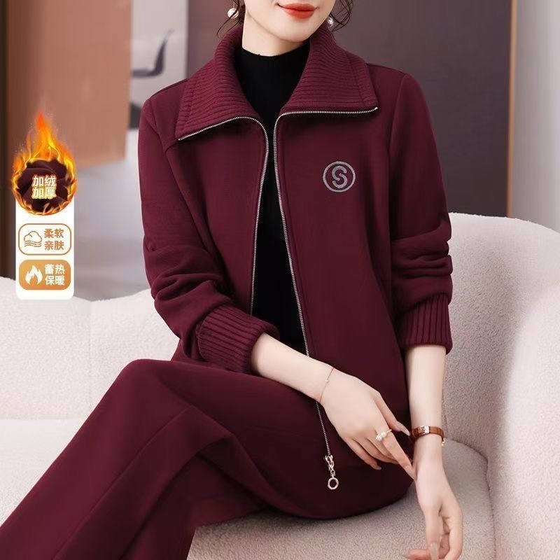 中年妈妈装外套2025新款秋冬中老年女装运动服套装加绒加厚两件套|undefined