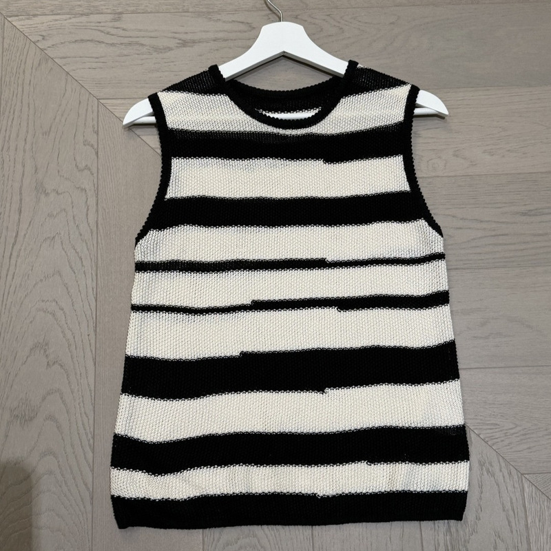 26 New Summer Style Women's Knitted Vests | Hemp-Feel Hollow-Out Contrast Striped Vest Thin Knit Sweater 0609U2