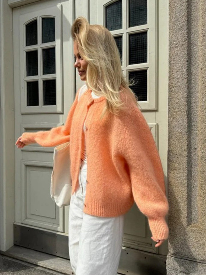 Áo cardigan len dệt kim dáng mỏng nhẹ cài nút một hàng, tay dài cổ tròn nữ — hoa hồng đỏ, màu be, màu cam, màu hoa cà chi tiết 83