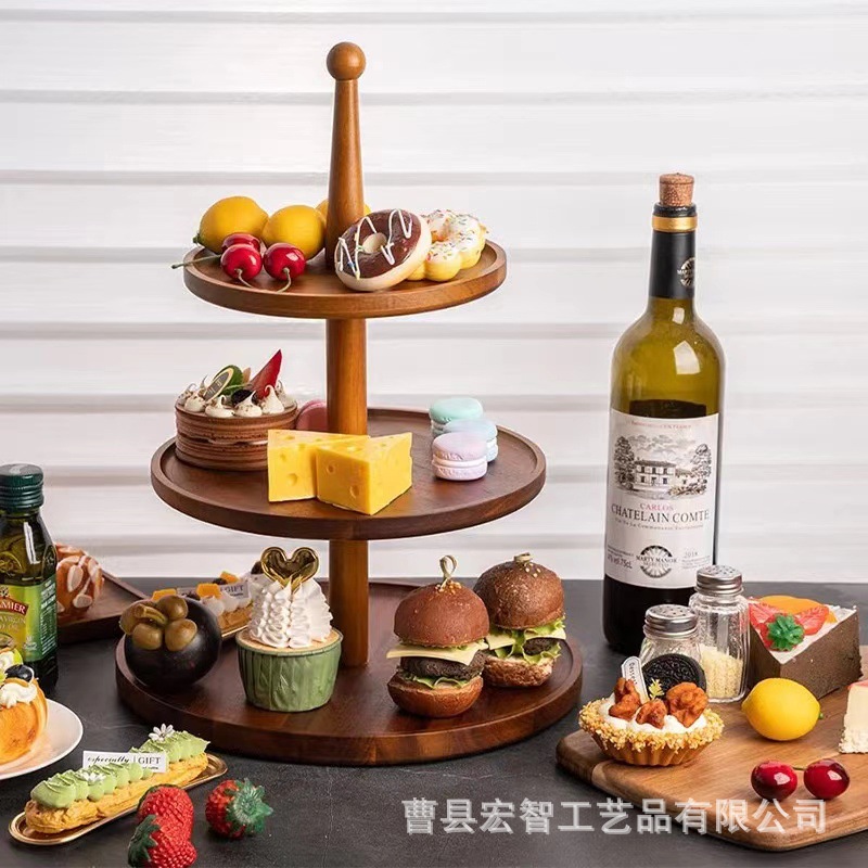 木制多层水果点心装饰盘婚礼桌面蛋糕点心摆台实木自助餐牛排盘