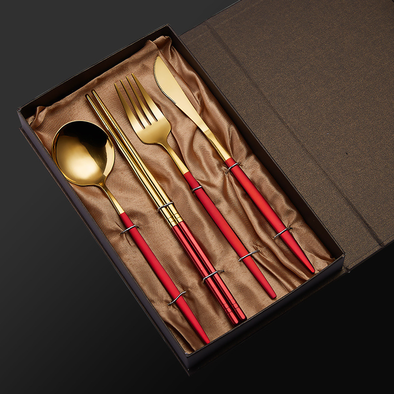 Two or four pieces of chopsticks spoon stainless steel knife and fork spoon set titanium-plated paint Portuguese gift box stainless steel tableware set