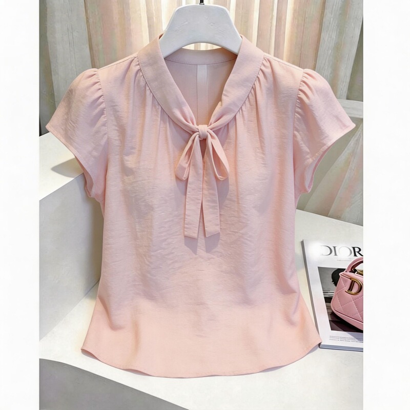 French-Style Pink Short-Sleeved Shirt for Women, New Summer Design, Unique and Beautiful Blouse with Tie-Up Pullover Top