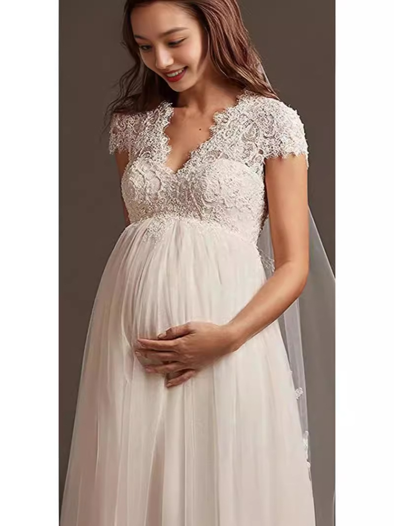 Comercio exterior vestido de novia embarazada cintura alta tamaño grande europeo y americano Laisen pequeña cola blanca Amazon vestido de novia transfronterizo