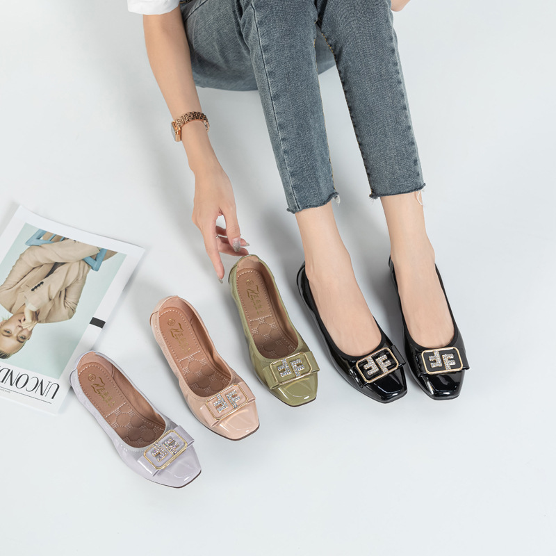 Demi-season shoes with rhinestones square toe low-cut flat