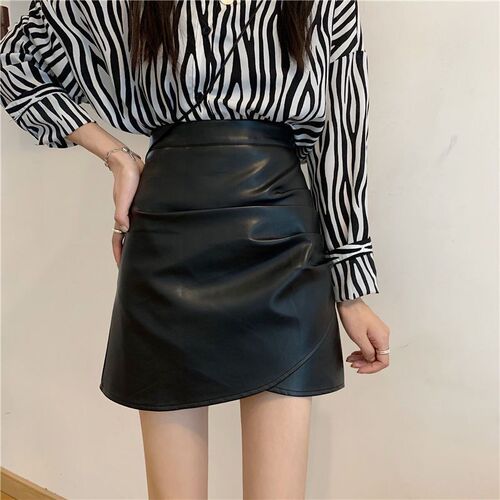 Glamorous irregular pleated PU skirt for women - Autumn/Winter 2024 new style, high-waisted, slimming A-line hip-hop short skirt