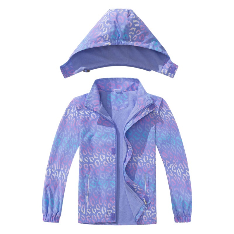 Las niñas al aire libre impermeable transpirable con capucha cremallera chaqueta de moda deportes impreso gradiente leopardo imprimir trench Coat