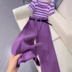 2025年夏服、高級感とファッショナブルなドーパミンパープルトップとワイドパンツのツーピーススーツの完全なセット