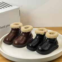 2025年冬款男童棉靴宝宝加绒保暖鞋女童休闲短靴儿童皮带扣雪地靴