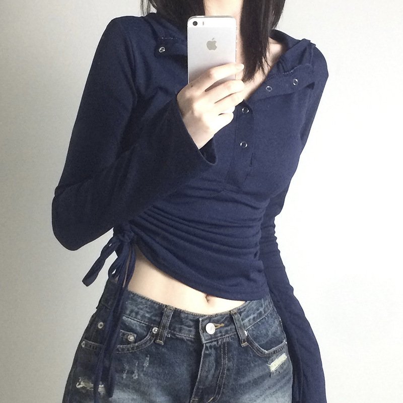 Niche Korean-Style V-Neck Hooded Knit T-Shirt with Side Drawstring Pleats, Casual Waist-Cinching Spicy Girl Top, Autumn Women's Fashion Niche Korean-Style V-Neck Hooded Knit T-Shirt with Side Drawstring Pleats, Casual Waist-Cinching Spicy Girl Top, Autumn Women's Fashion
