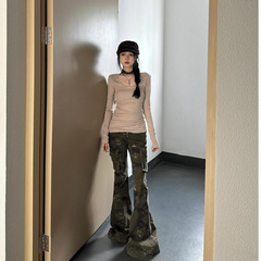 【260gレーヨンモダール】クロスステッチ長袖Tシャツレディースデザインスリムフィットトップアメリカンスタイル