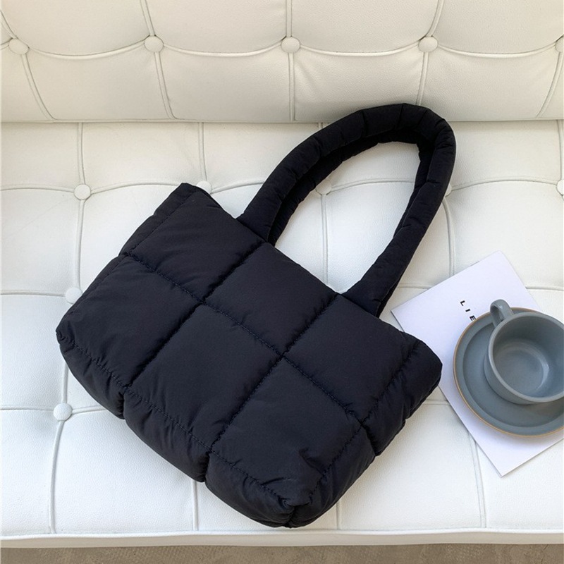 新款绣线方格子棉服包大容量单间包羽绒布洋气绗缝托特包Tote bag