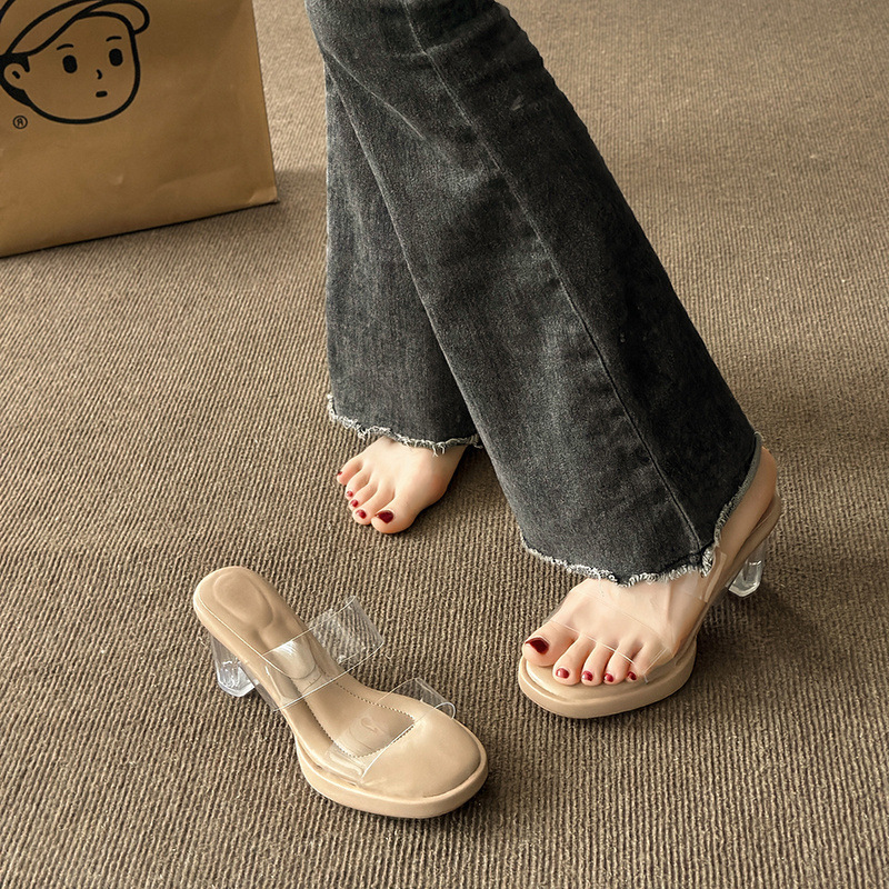 Thick-Soled Waterproof Platform Transparent One-Strap High-Heeled Sandals for Women to Wear in Summer, Crystal-Heeled Thick-Heeled Sandals