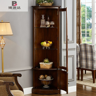 American Style Full Solid Wood Triangular Cabinet Sideboard Curved Glass Door Wine Cabinet Living Room Solid Wood Corner Cabinet Triangular Wall Corner Cabinet