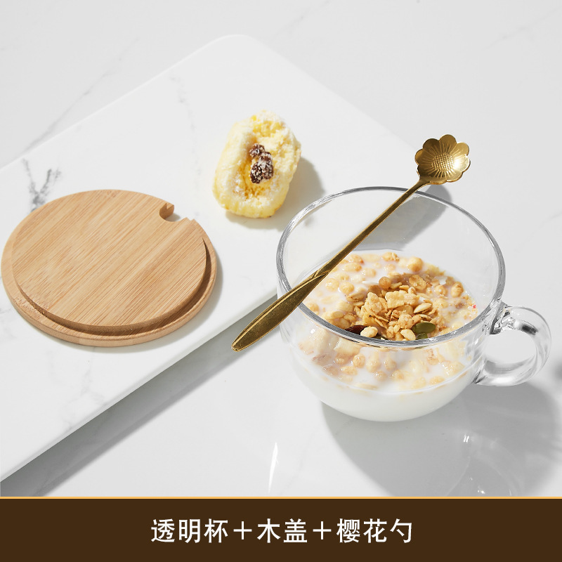 Transparent breakfast cup + bamboo lid + cherry blossom spoon