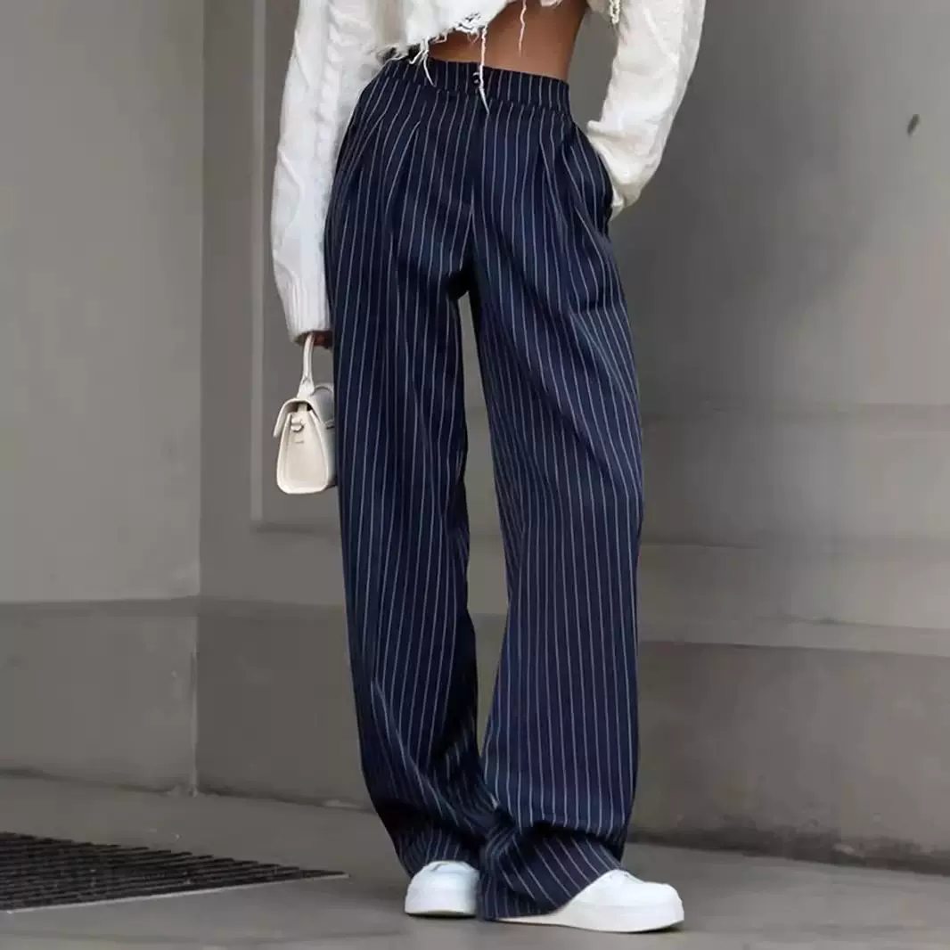 跨境专供亚马逊条纹西装面料单排扣斜袋直筒简约气质通勤女装长裤