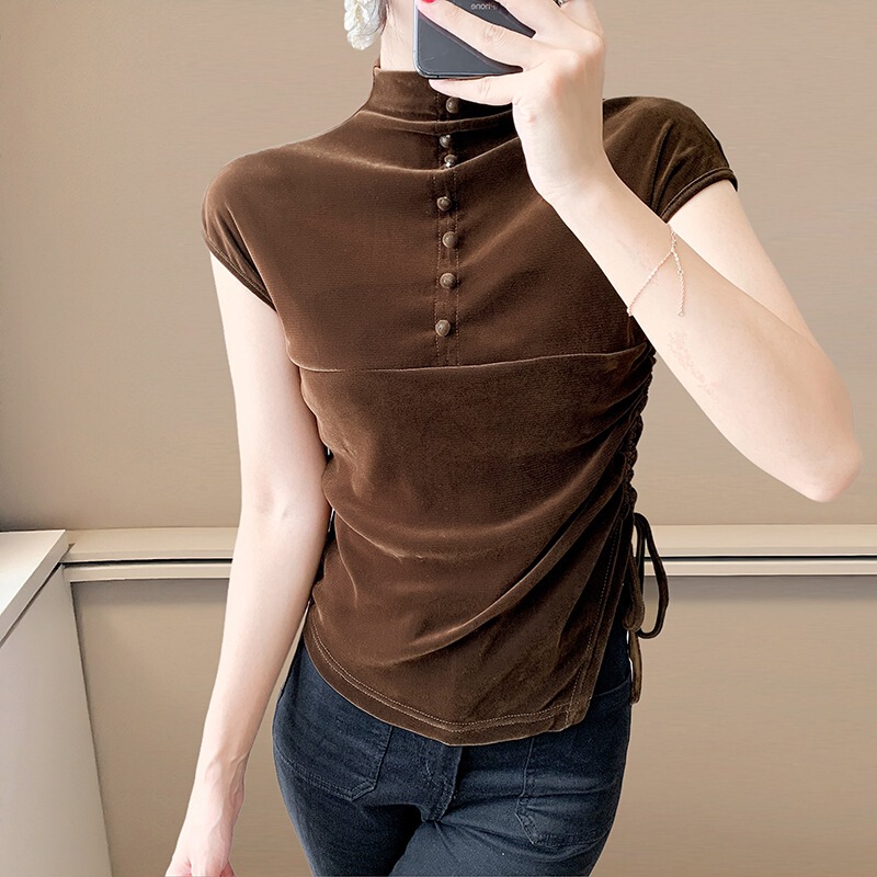 Southeast Asia 2025 Autumn European Style Half Turtleneck Irregular Drawstring Button Front and Back Two-Way Wear Velvet Versatile Base Shirt Southeast Asia 2025 Autumn European Style Half Turtleneck Irregular Drawstring Button Front and Back Two-Way Wear Velvet Versatile Base Shirt