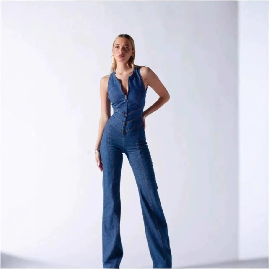 2025 новый стройный без рукавов европейский и американский стиль женской моды уличный ретро стиль джинсовые комбинезоны с высокой талией