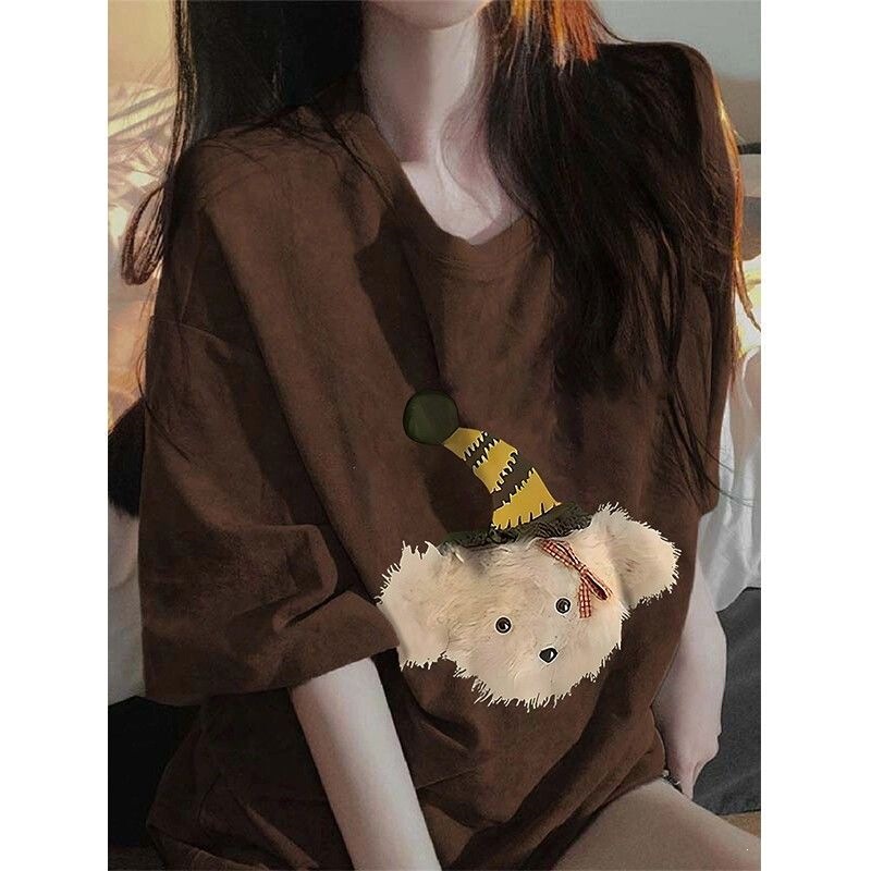 New heavy cotton brown short-sleeve T-shirt for women, summer new style, printed oversize couple's top, ins style New heavy cotton brown short-sleeve T-shirt for women, summer new style, printed oversize couple's top, ins style