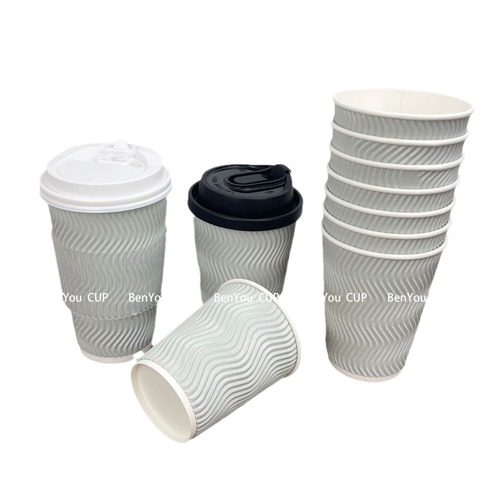Triple-layer thickened heat-resistant home/business 280-500ml cups with customizable logo silver-gray corrugated paper cups