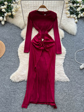 欧美女装小众高级感金属纽扣收腰圆领长袖开叉连衣裙女修身包臀裙