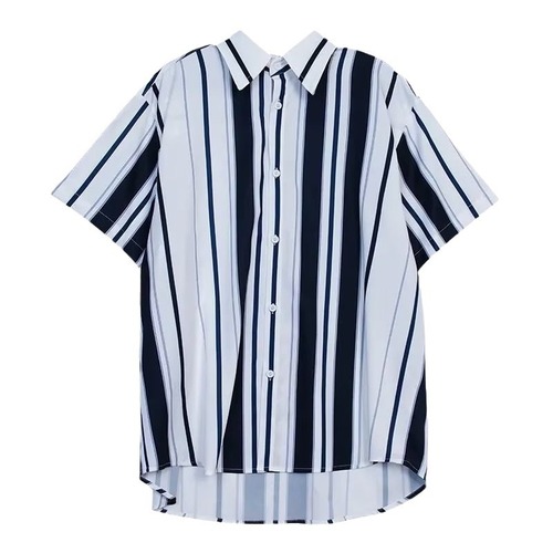 Minimalist Ice Silk Droopy Striped Short-Sleeve Shirt for Men, INS Hong Kong Style Summer 5.5-Sleeve Casual Blouse Trendy