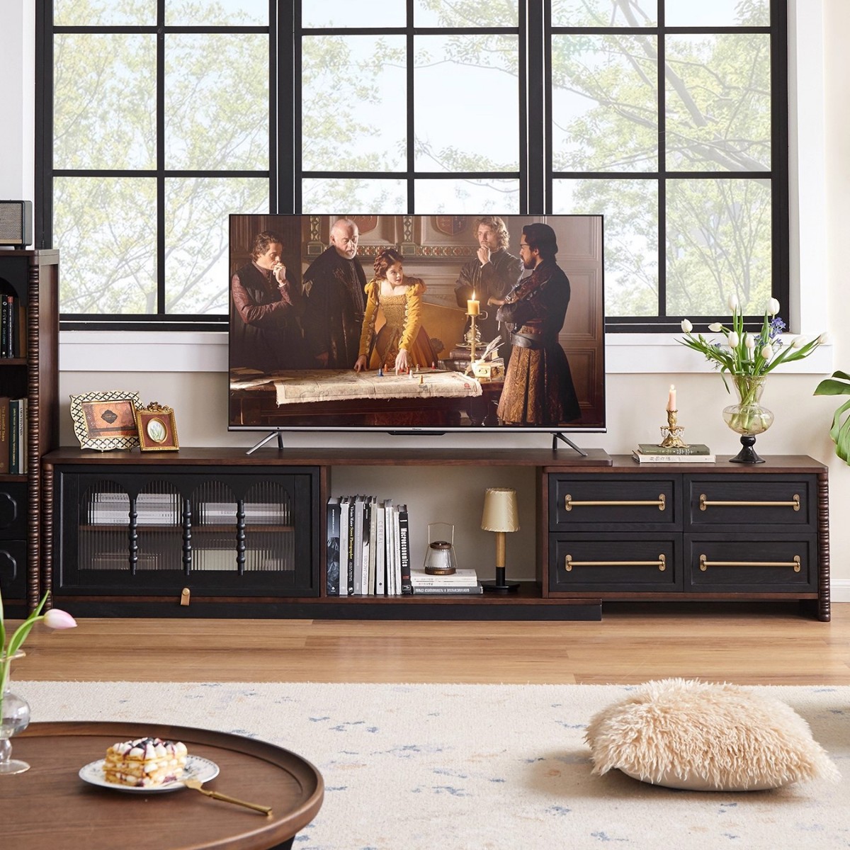 French Solid Wood Tv Cabinet Home Living Room Storage Telescopic Storage Cabinet Small Apartment Retro Floor-Standing Audio-Visual Cabinet