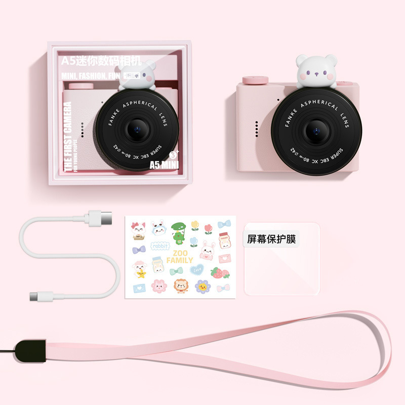 Cámara de estudiante de dibujos animados para niños A5 Cámara de bolsillo portátil de doble cámara delantera y trasera Mini cámara digital Regalo del día de los niños