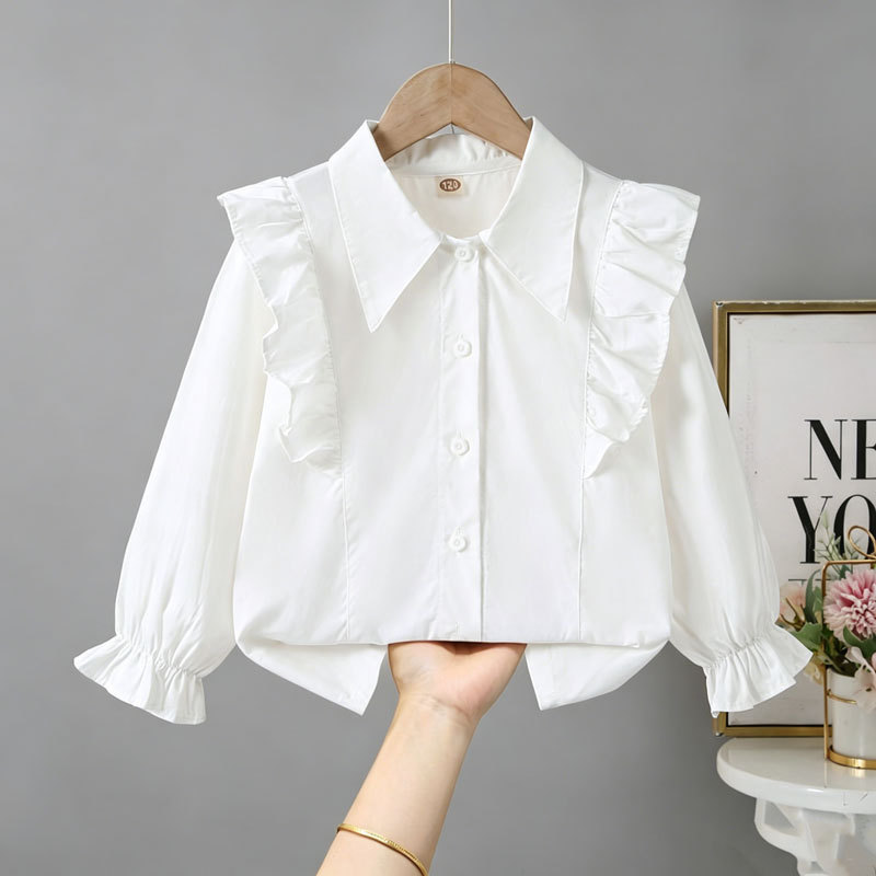 Girls' Spring and Autumn Shirts, New Korean Style, Stylish Long-Sleeve White Shirts, Fashionable Base Tops for Children and Older Kids
