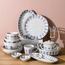 新品/日韓風小藍花陶瓷盤碗碟餐具套裝ins粗陶復古手工餐具碗盤杯