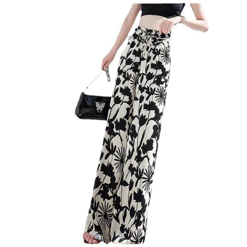 Women's Summer High-Waist Loose Flowy Tie-Dye Straight Wide-Leg Pants with Ice Silk Floral Pattern Floor-Length Hanging Drop Pants Casual Suit Pants