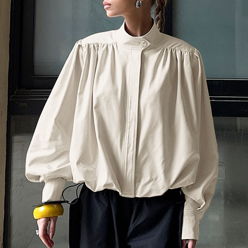 Designer High-Neck Puff Sleeve Blazer – Chic Oversized Coat For Women, Work-to-Weekend Versatile Jacket_voghion.com