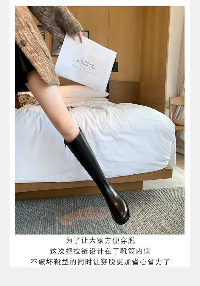 Bốt cao cổ nữ da lộn mũi tròn khóa vàng, gót vừa 3–5 cm, đế dày — Màu đen (lót lông cừu), Màu đen (lớp lót đơn) chi tiết 14