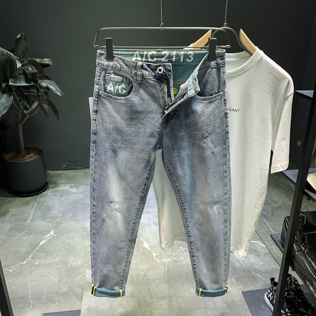 Jean délavé haut de gamme pour hommes, nouvelle marque tendance, élastique, fuselé, polyvalent, coupe ajustée, épais, printemps et automne_voghion.com