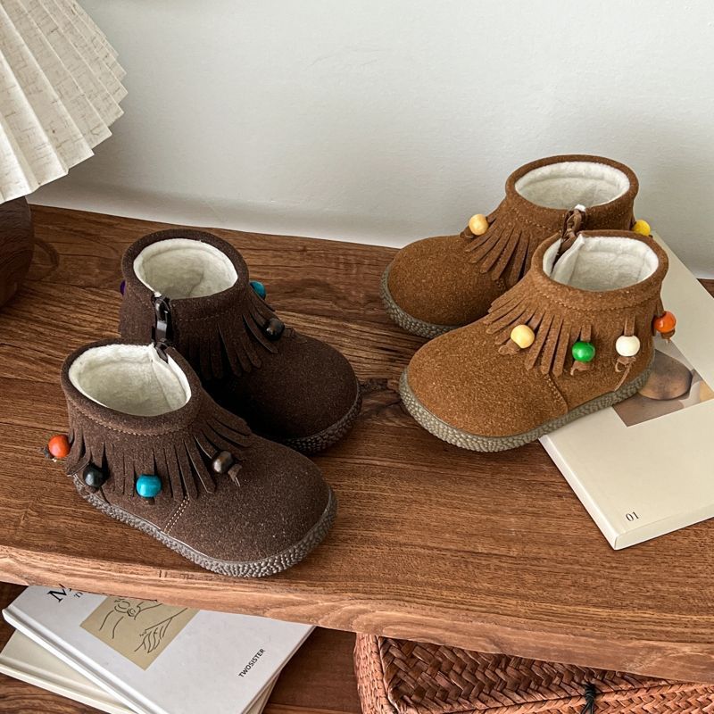 Fashionable Children's Winter New 2025 Plush Princess Tassel Short Boots for Girls, Autumn Double-Layer Cotton Short Boots with Thin Plush, Stylish