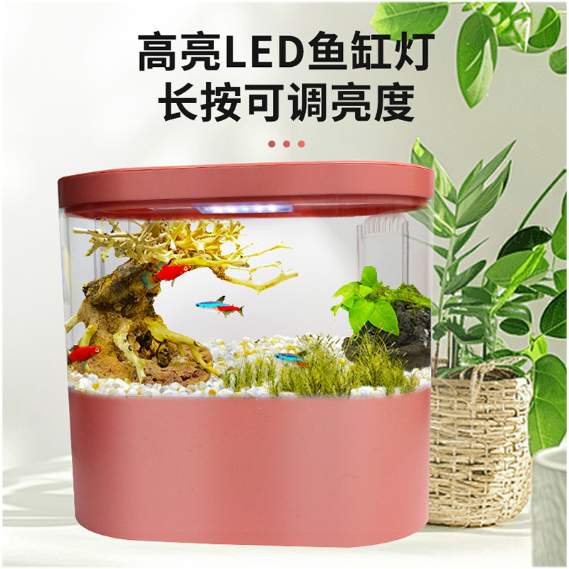 Pecera ovalada de escritorio con oxigenación y filtración de acrílico, pecera integrada para peces betta con luz USB, sin necesidad de cambiar el agua, pecera ornamental.