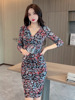 Mesh slim fit V-neck wrapped hip dress