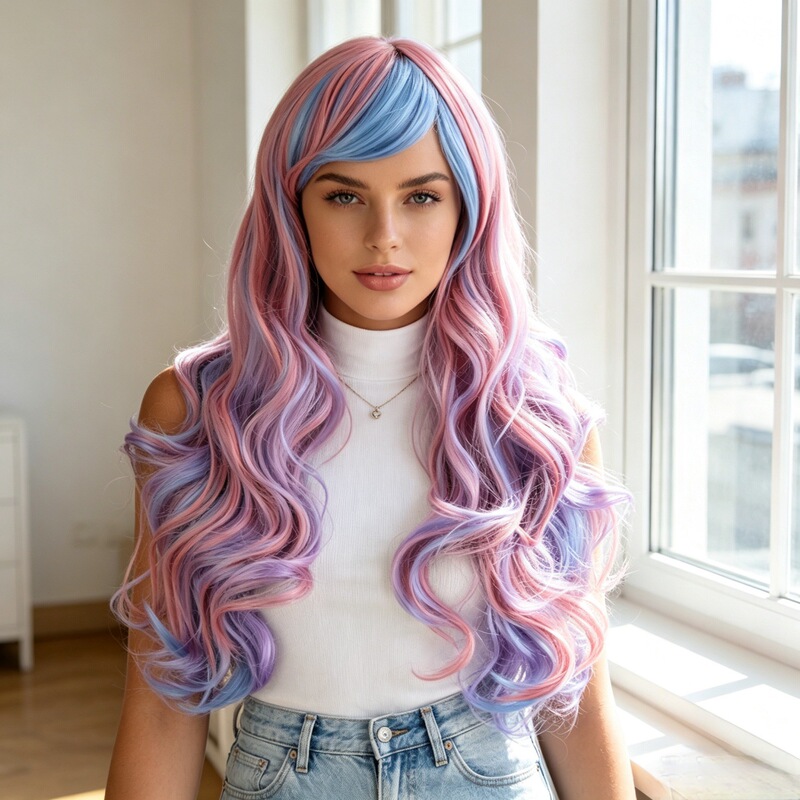 Foreign Trade Cross-Border Gradient European and American Style Long Curly Wig with Long Bangs, Large Waves, Colorful Wig, Long Style, High-Temperature Fiber Foreign Trade Cross-Border Gradient European and American Style Long Curly Wig with Long Bangs, Large Waves, Colorful Wig, Long Style, High-Temperature Fiber