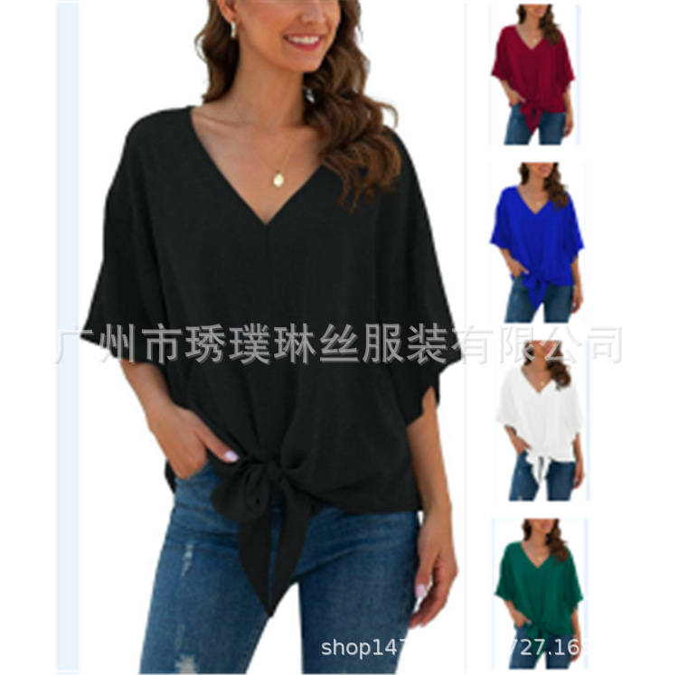 2024 Amazon European and American Export Summer New Women's Front Lace-Up Chiffon Shirt V Neck Bat Short-Sleeved Top