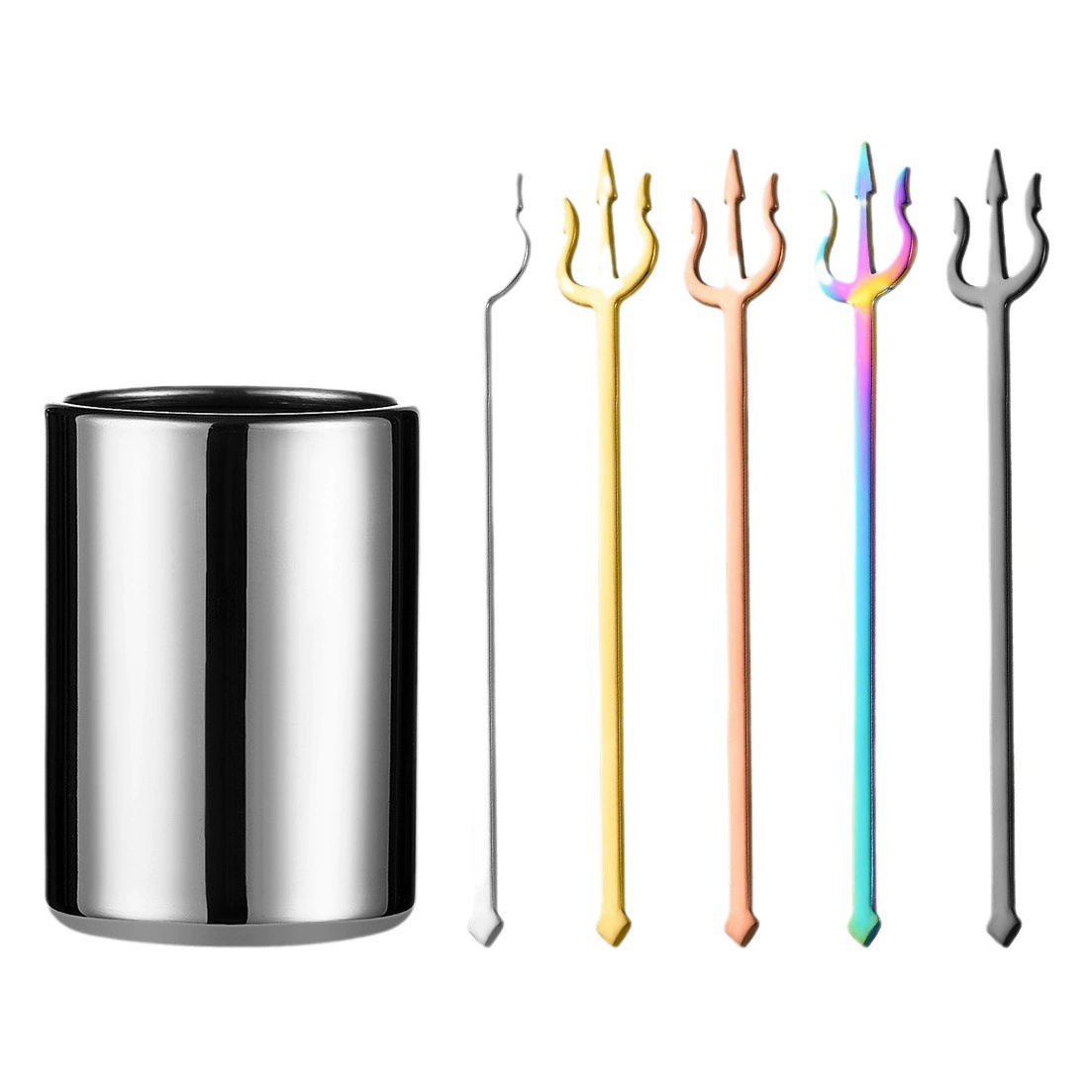 304 нержавеющая сталь Вилка для фруктов костюм высококачественные титановые покрытые Фруктовые палочки из нептона креативная Бытовая Десертная Вилка ложка цилиндр для хранения