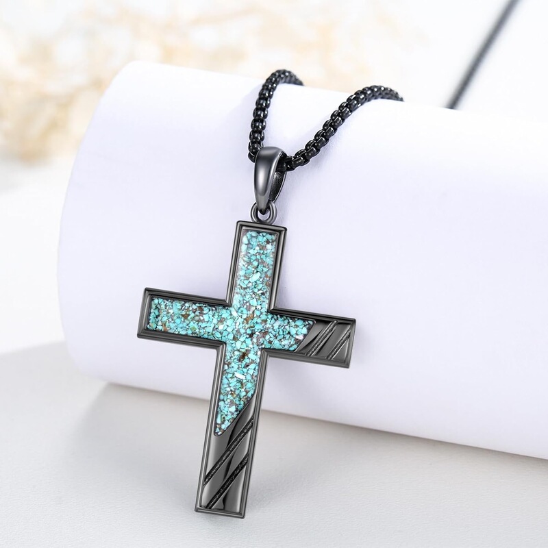 Morning Card European and American Natural Turquoise Creative Knife Pattern Cross Stripe Pendant Titanium Steel New Men's Punk Personality