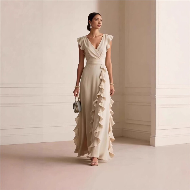 2026 European and American Independent Site Amazon Solid Color Summer Ruffled Sleeveless V-Neck Waist-Cinching Slim-Fit Thin Dress 2026 European and American Independent Site Amazon Solid Color Summer Ruffled Sleeveless V-Neck Waist-Cinching Slim-Fit Thin Dress