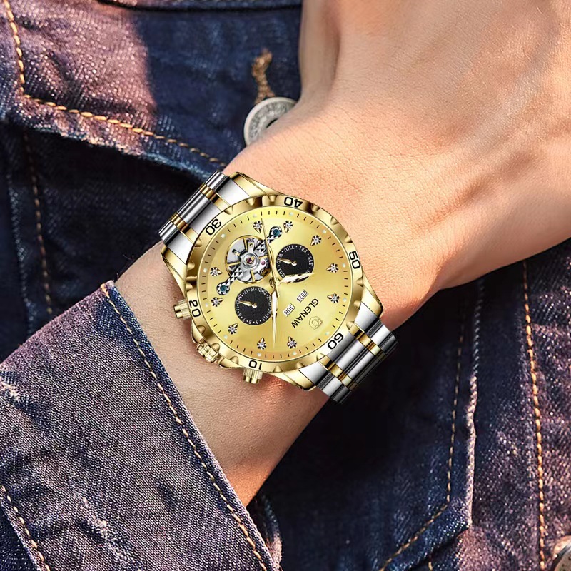 Glen Fully Automatic Skeleton Mechanical Men's Watch Transparent Bottom Multi-Function - 8926_voghion.com