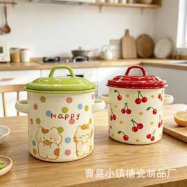 可爱卡通搪瓷储物罐家用大号水杯带盖双耳密封罐厨房零食收纳桶