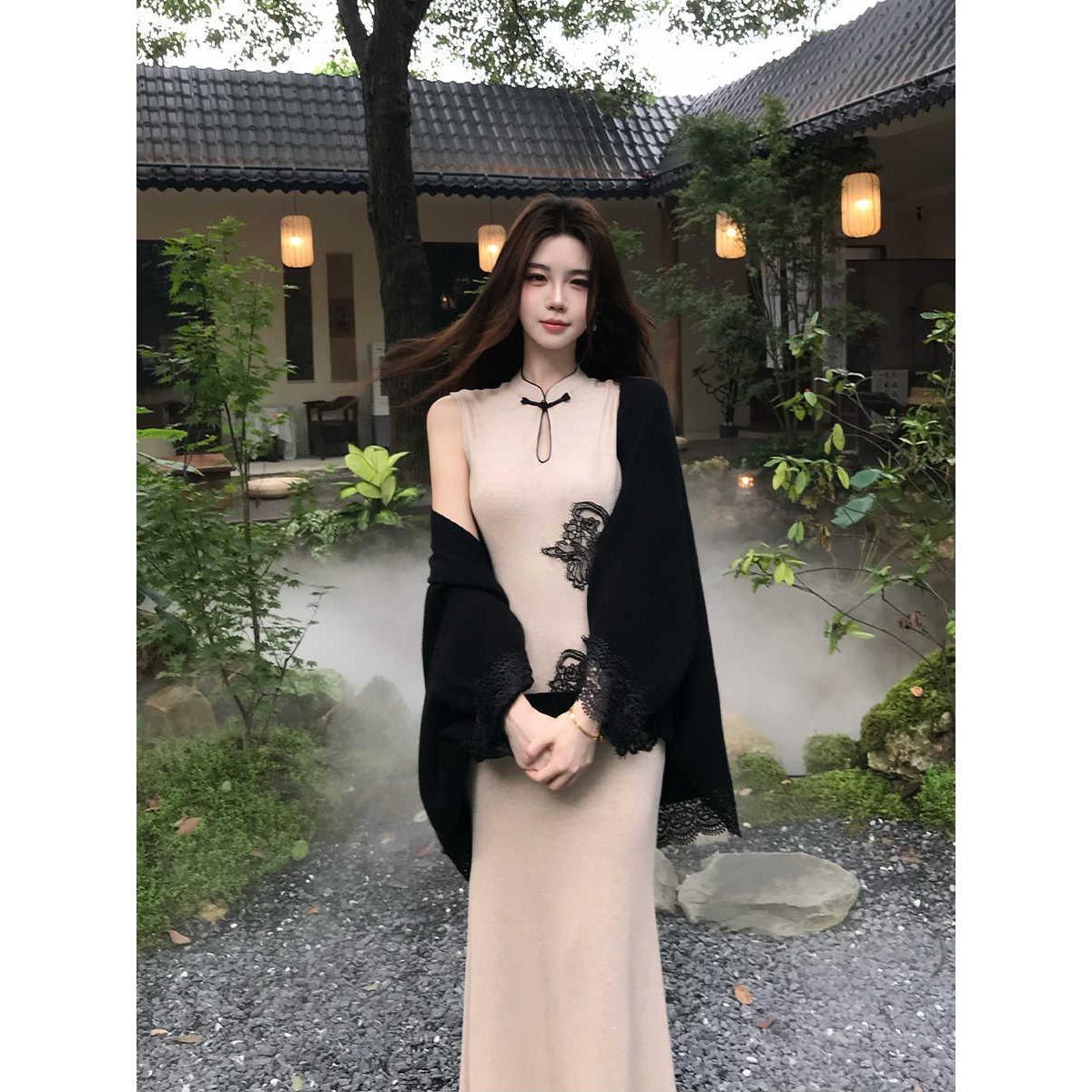 2025 Early Autumn New New Chinese Style Sleeveless Cheongsam Knitted Dress Long Skirt Cardigan Two-Piece Suit