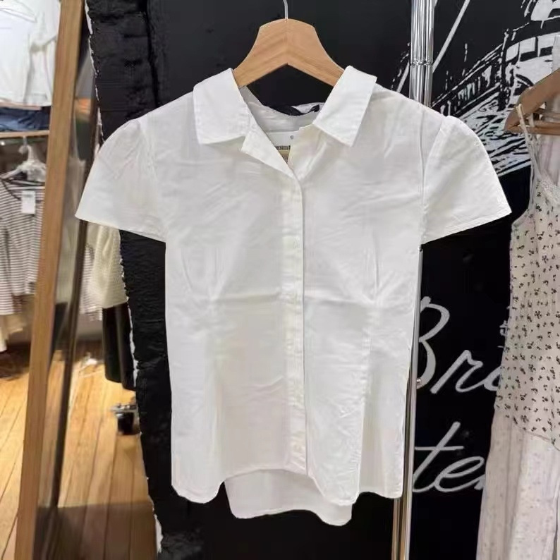 BM风白色系带收腰polo领纽扣衬衫女 bm辣妹纯欲短袖T恤翻领上衣潮